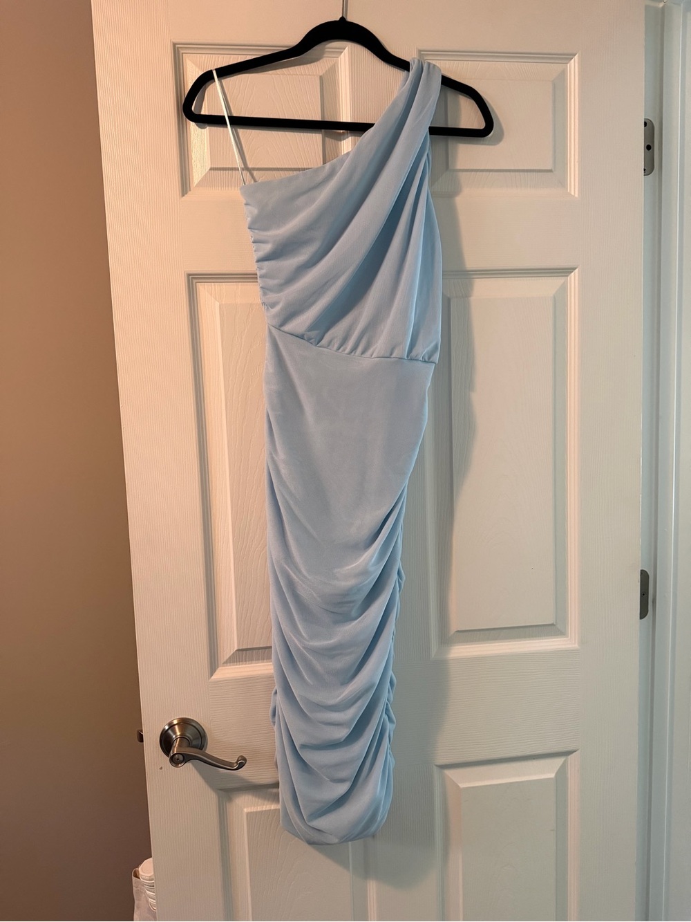 One-Shoulder Light Blue Ruched Dress